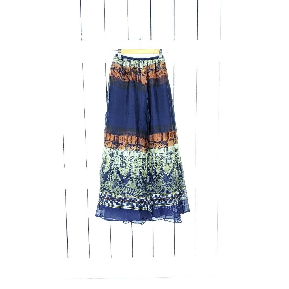 Purple beige tie dye tribal Indian print sheer panel long maxi skirt